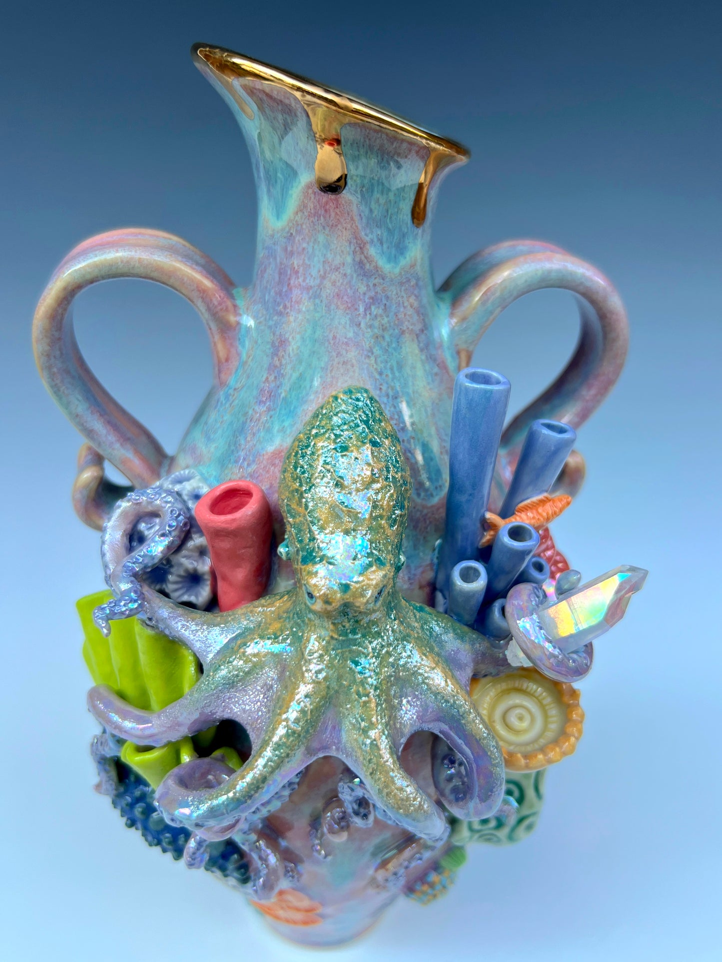 Octopus Reef Vase with Quartz Crystals