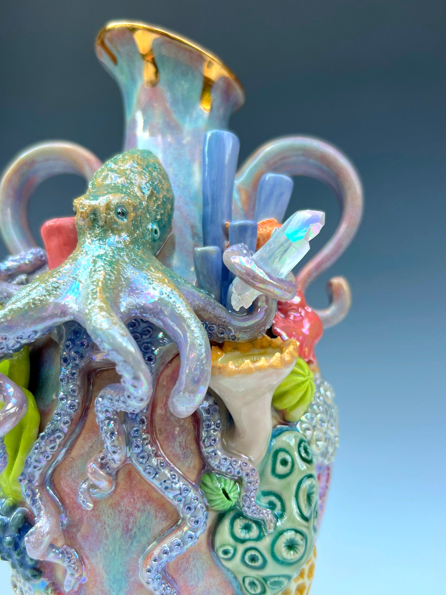Octopus Reef Vase with Quartz Crystals