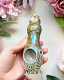 Moonstone Crystal Pipe with Mushroom Goddess Porcelain Ceramic Smoking Pipe