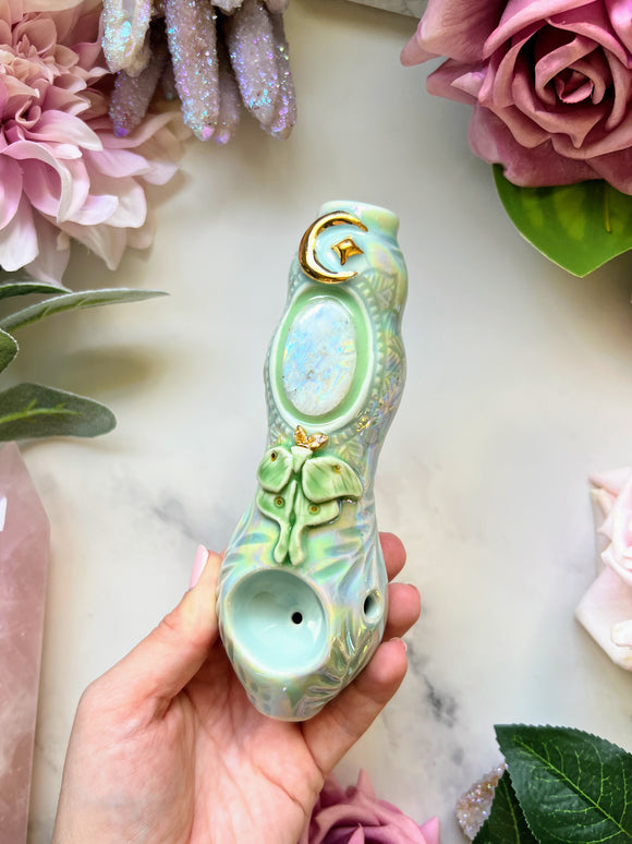 Moonstone Crystal Pipe with Luna Moth Porcelain Ceramic Smoking Pipe