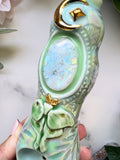 Moonstone Crystal Pipe with Luna Moth Porcelain Ceramic Smoking Pipe