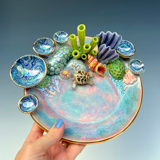 Gold Sea Turtle Coral Reef Dish with Mini Bowls Iridescent Altar Ring Jewelry Tray