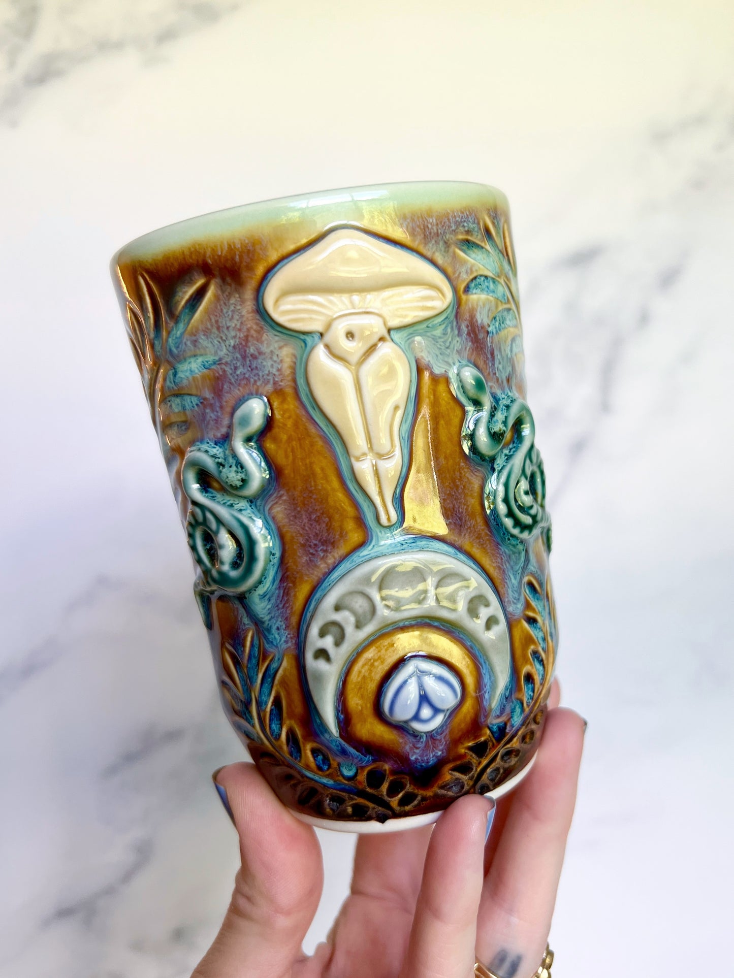 Mushroom Goddess Moon Tumbler Cup with Snakes