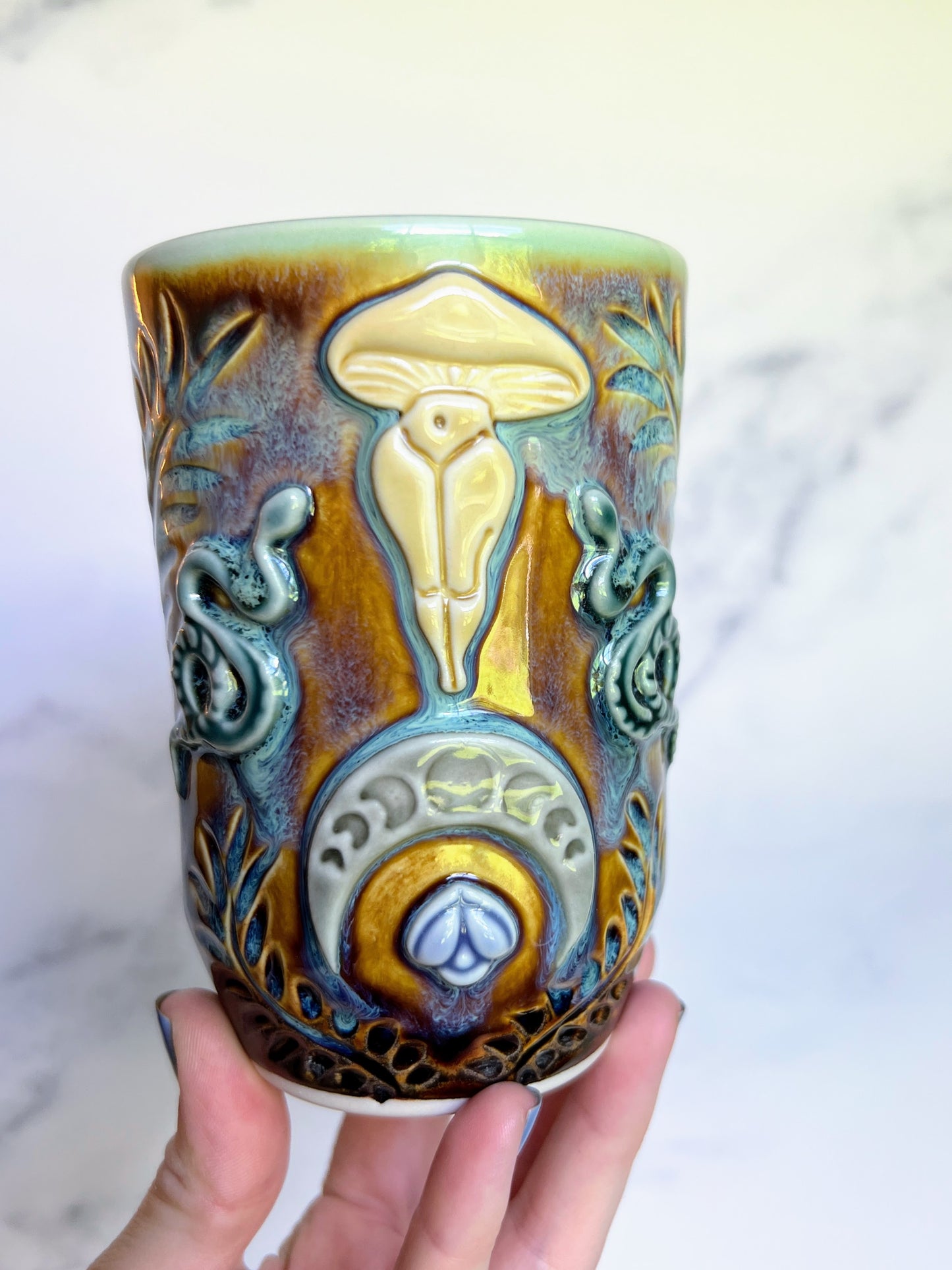 Mushroom Goddess Moon Tumbler Cup with Snakes