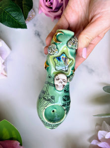Star Labradorite Pipe with Dreamy Sky Skull with Snake and Mushrooms Porcelain Smoking Pipe