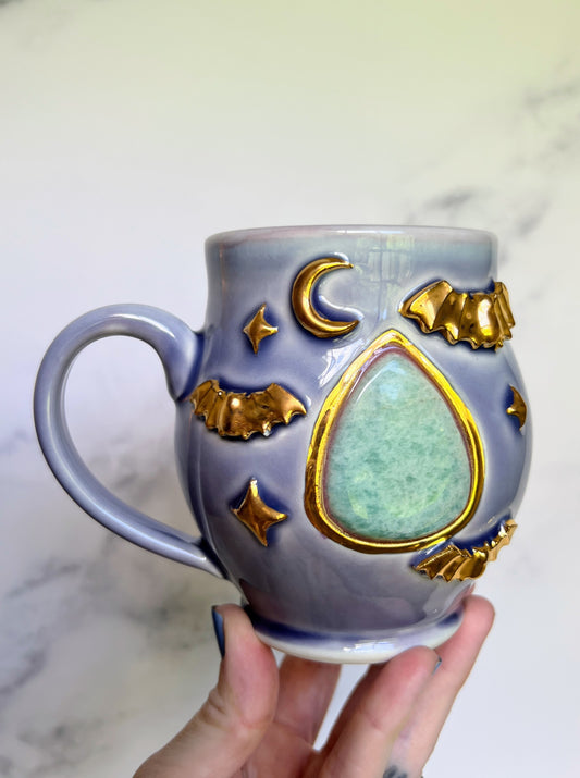 Amazonite Crystal Mug, Gold Moon and Bats Pottery Mug Crystal Porcelain Ceramic Mug