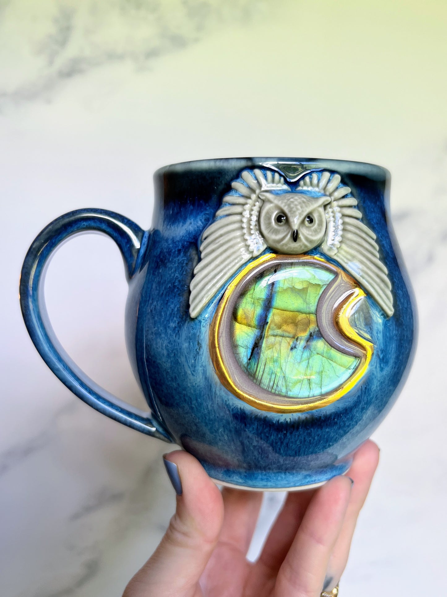 Labradorite Moon Crystal Mug, Owl Coffee Mug, Pottery Mug,  Hand made Mug