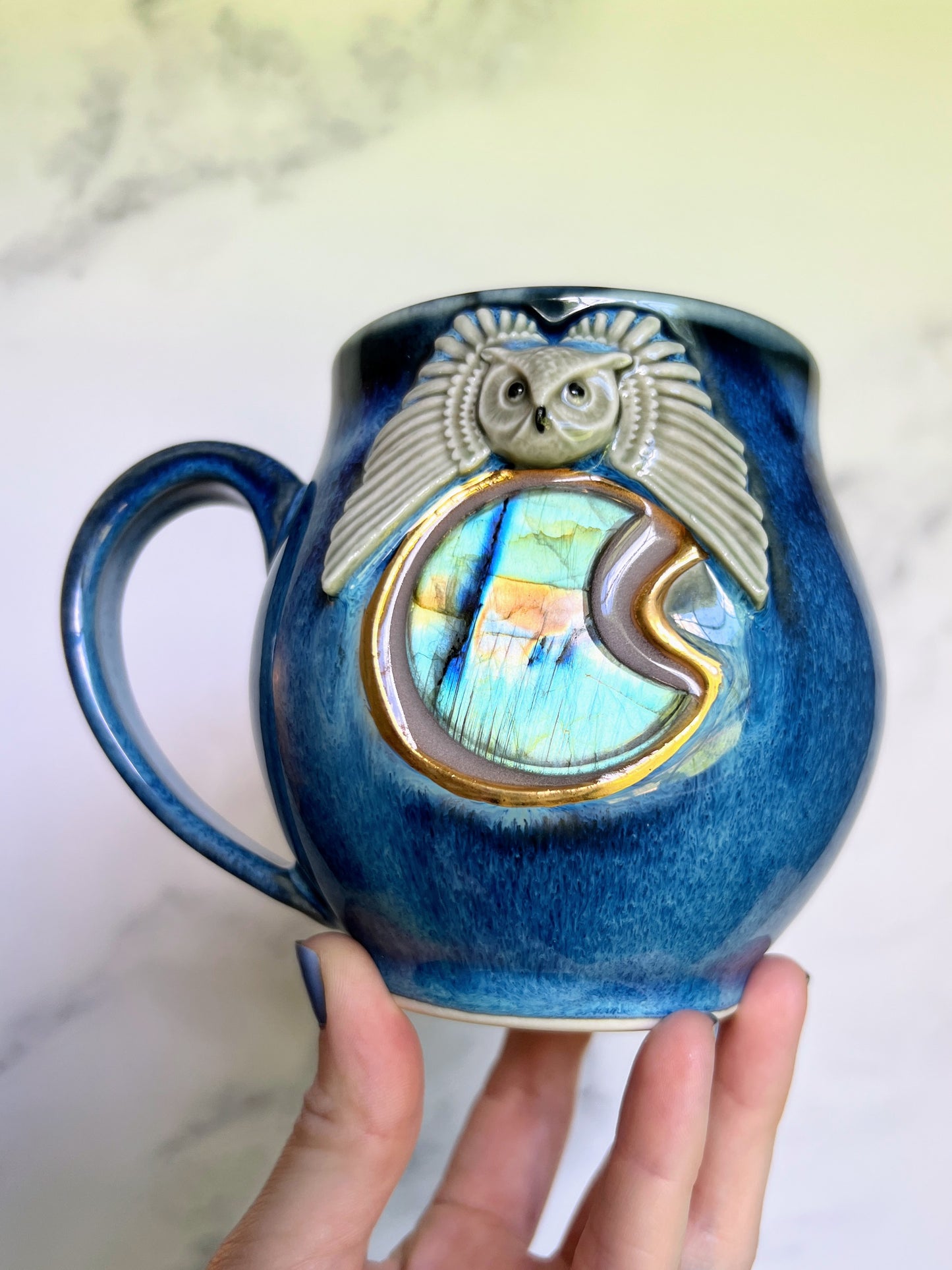 Labradorite Moon Crystal Mug, Owl Coffee Mug, Pottery Mug,  Hand made Mug