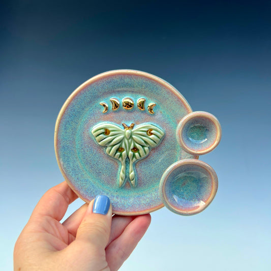 Luna Moth Round Iridescent Altar Gold Moon Jewelry Tray