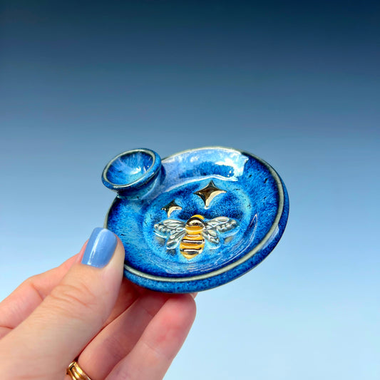 Mini Honey Bee Dish Round Iridescent Altar Gold Star Jewelry Tray
