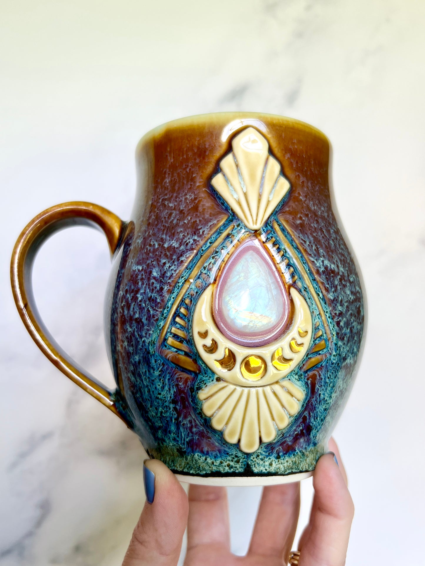 Rainbow Moonstone Crystal Mug, Art Deco Moon Porcelain  Coffee Mug, Pottery Mug, Porcelain Ceramic Mug, Hand made Mug