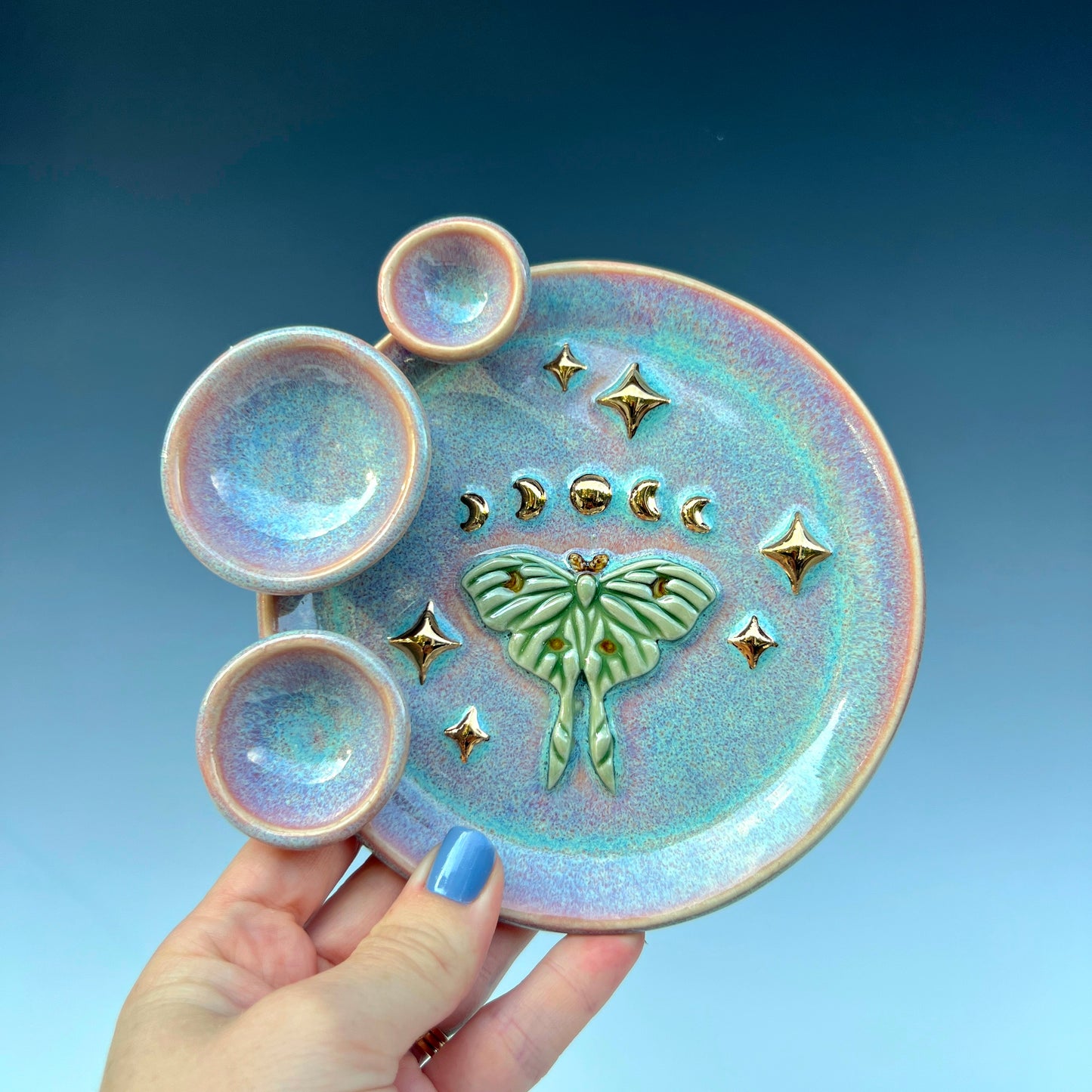 Luna Moth Dish Round Iridescent Altar Gold Star Jewelry Tray 3 Dish