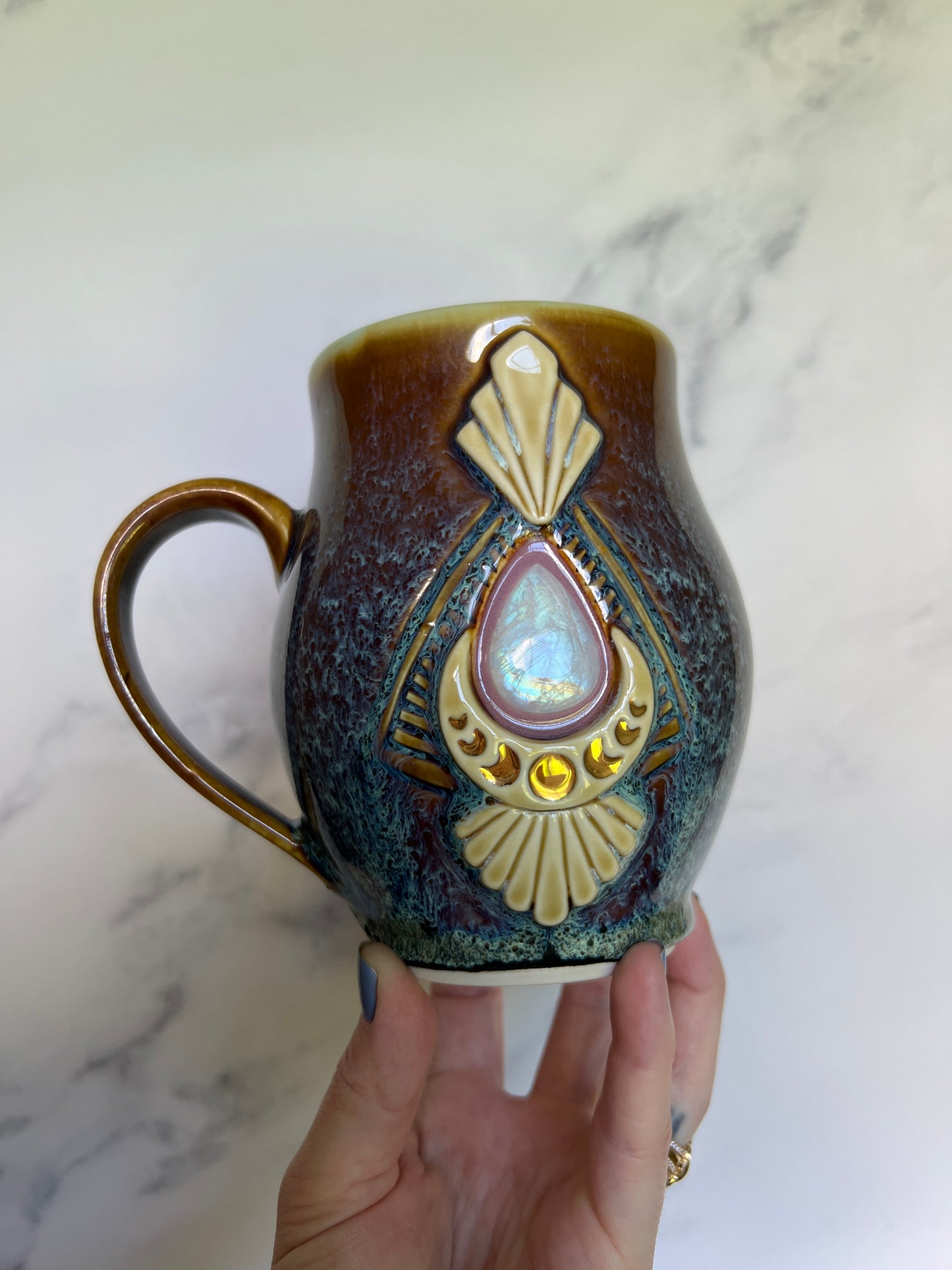 Rainbow Moonstone Crystal Mug, Art Deco Moon Porcelain  Coffee Mug, Pottery Mug, Porcelain Ceramic Mug, Hand made Mug