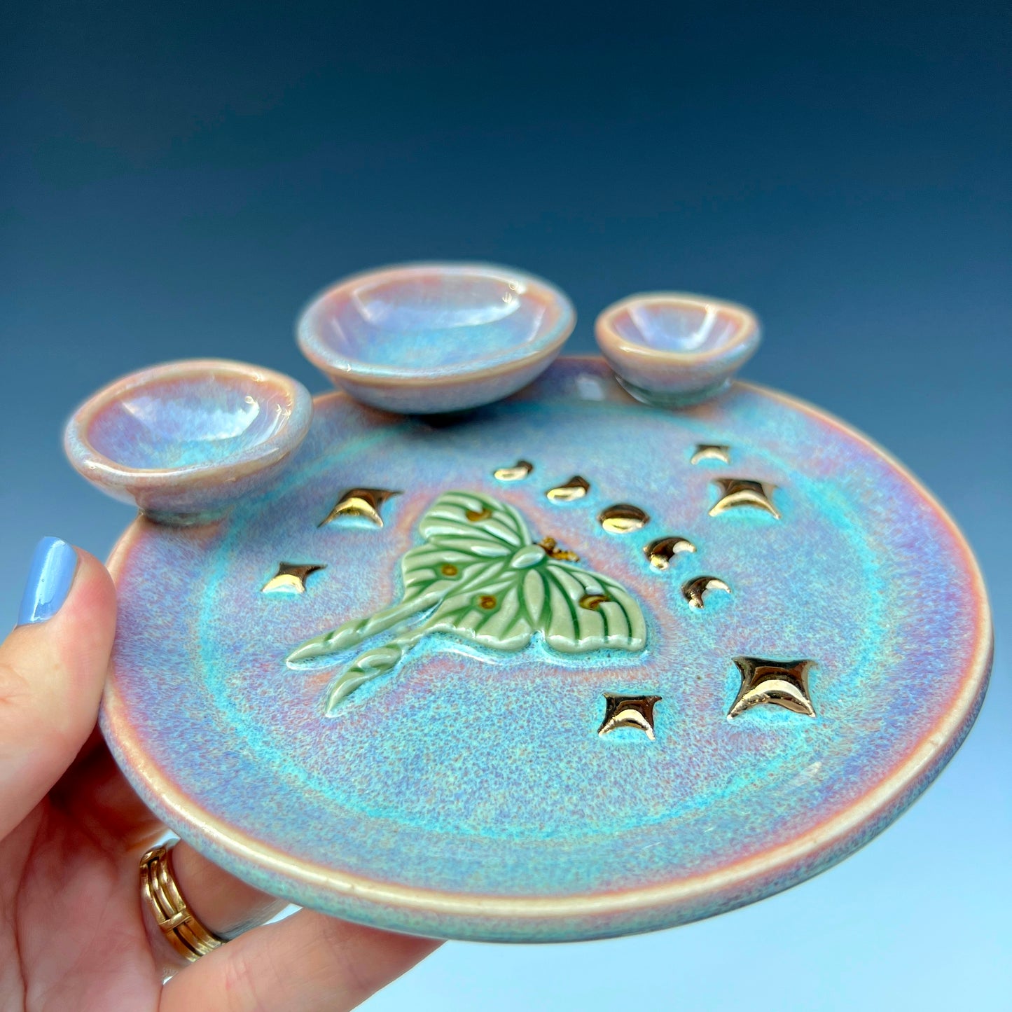 Luna Moth Dish Round Iridescent Altar Gold Star Jewelry Tray 3 Dish