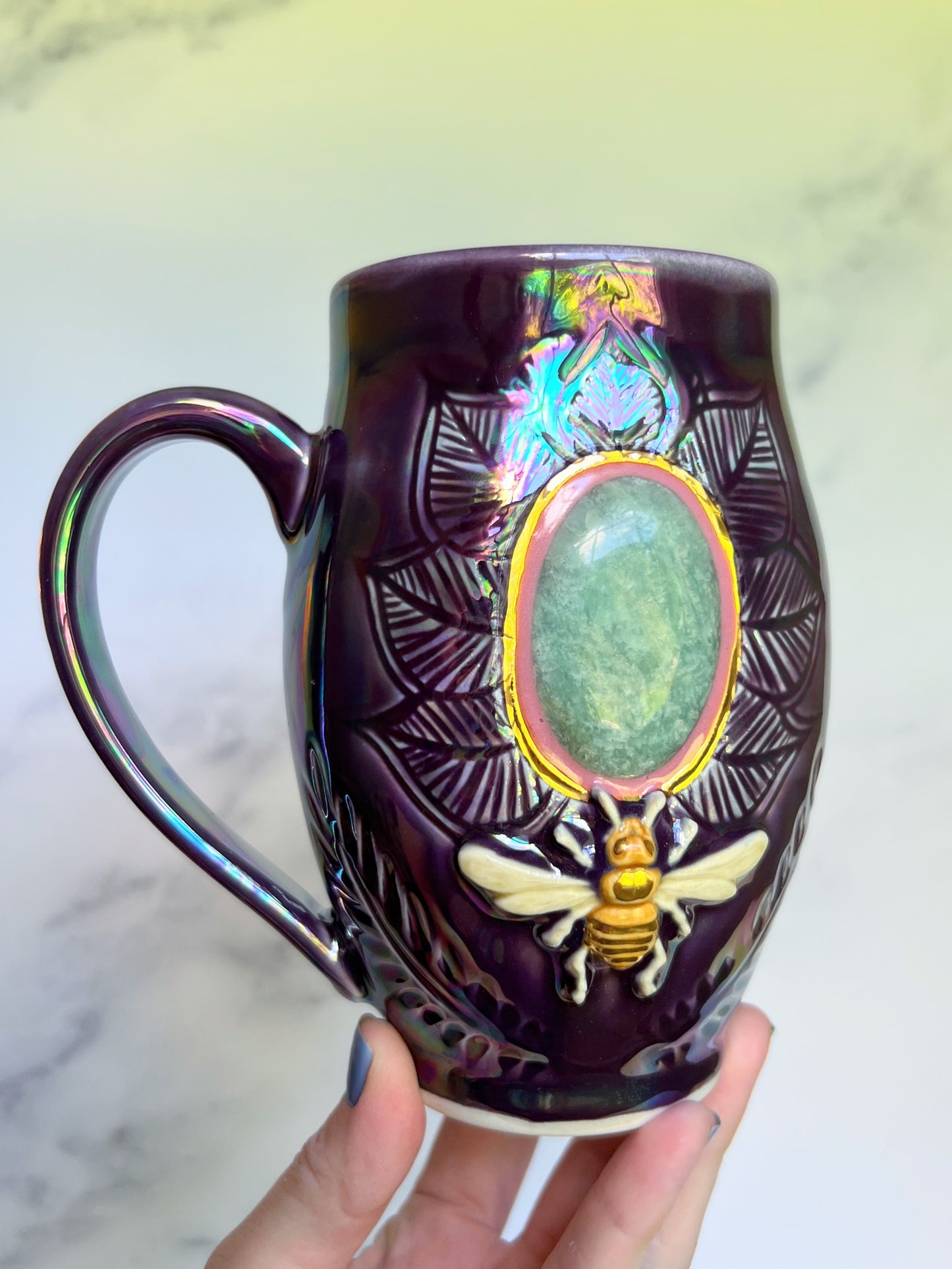 Amazonite Crystal Mug, Bee Iridescent Plum Pottery Mug Crystal Porcelain Ceramic Mug
