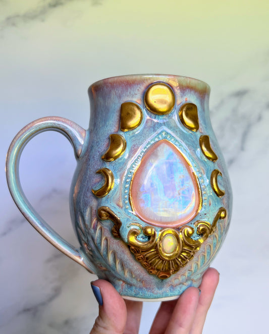 Rainbow Moonstone Crystal Mug, Gold Moon Phase Porcelain  Coffee Mug, Pottery Mug, Porcelain Ceramic Mug, Hand made Mug