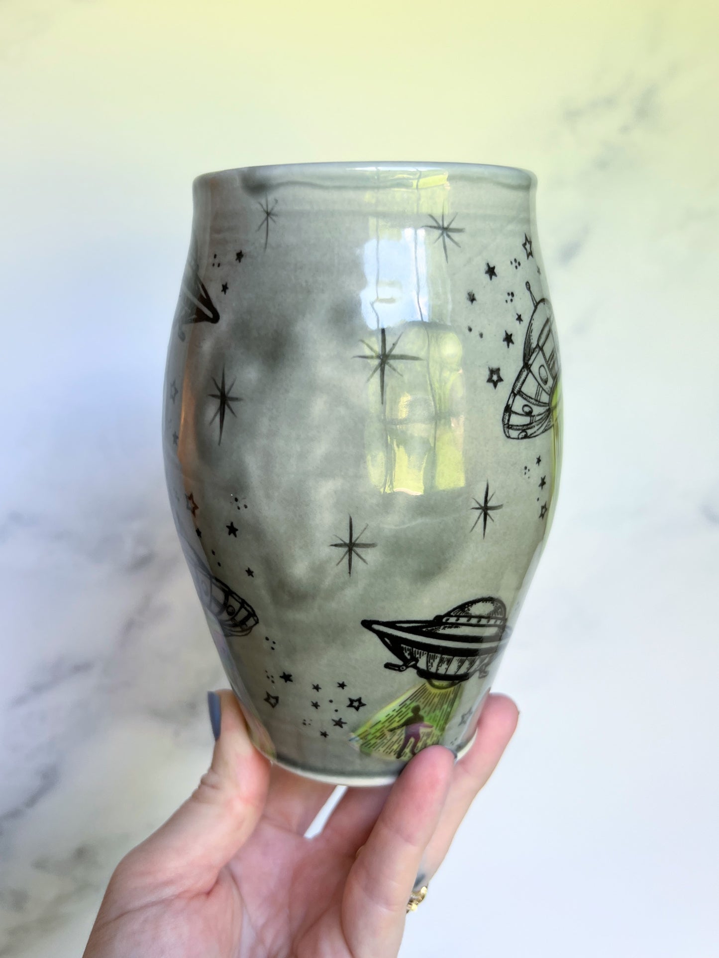 UFO Abduction Porcelain Mug, Pottery Mug, Hand Made Mug