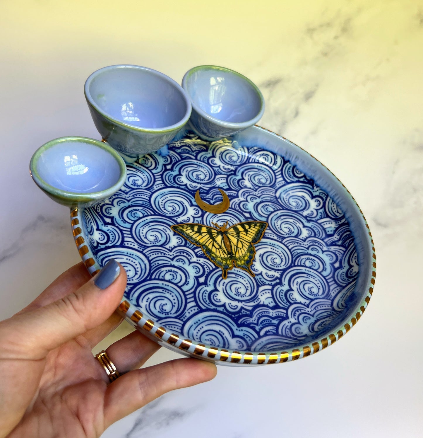 Dreamy Cloud Butterfly Tray Gold Altar Tray Witchy Pottery Jewelry Dish