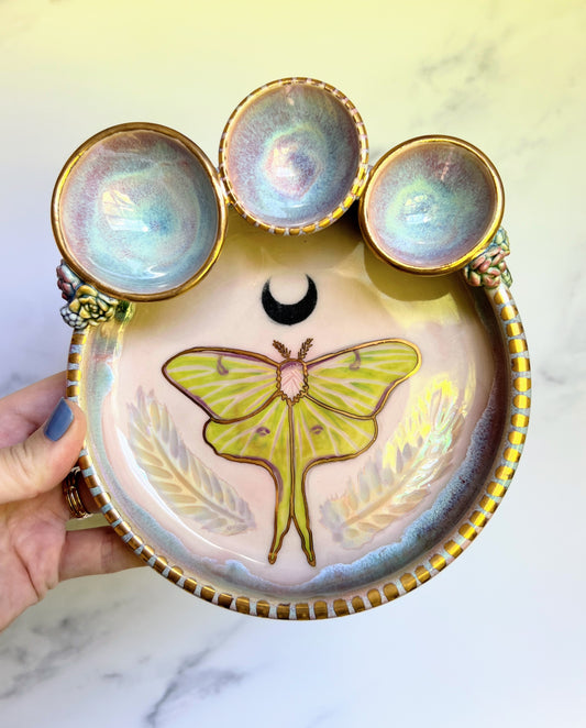 Luna Moth Tray Irridescent Gold Altar Tray Succulent Witchy Pottery Jewelry Dish