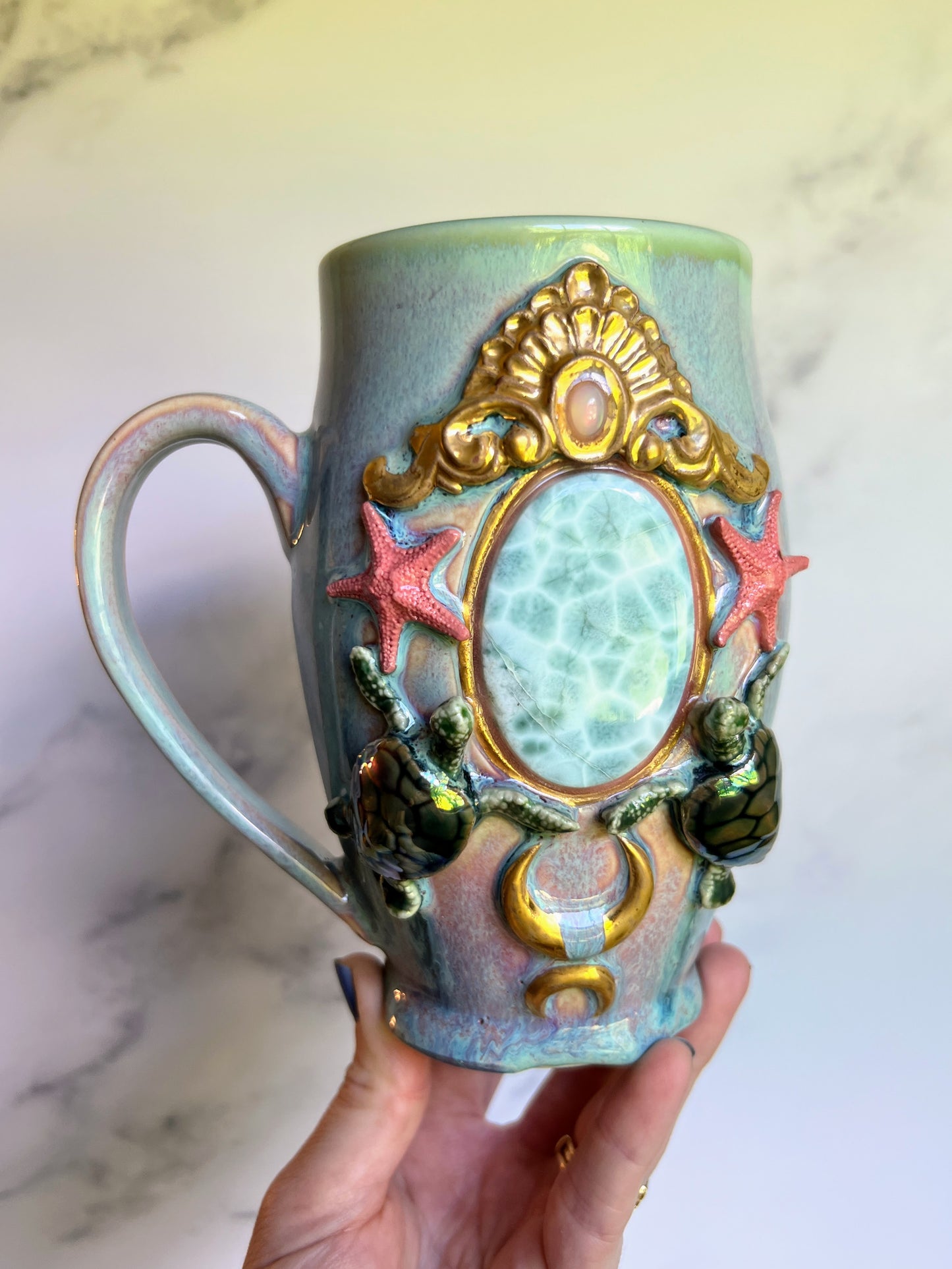 Larimar Mug, Royal Sea Turtles with Opal Porcelain Mug, Pottery Mug, Hand made Mug