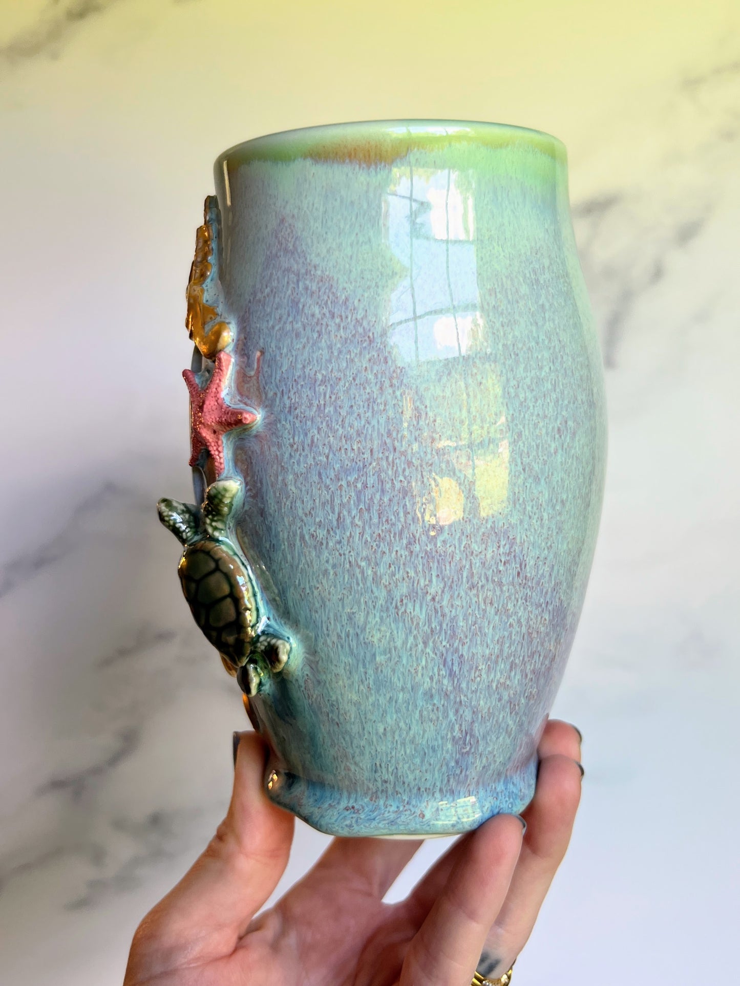 Larimar Mug, Royal Sea Turtles with Opal Porcelain Mug, Pottery Mug, Hand made Mug