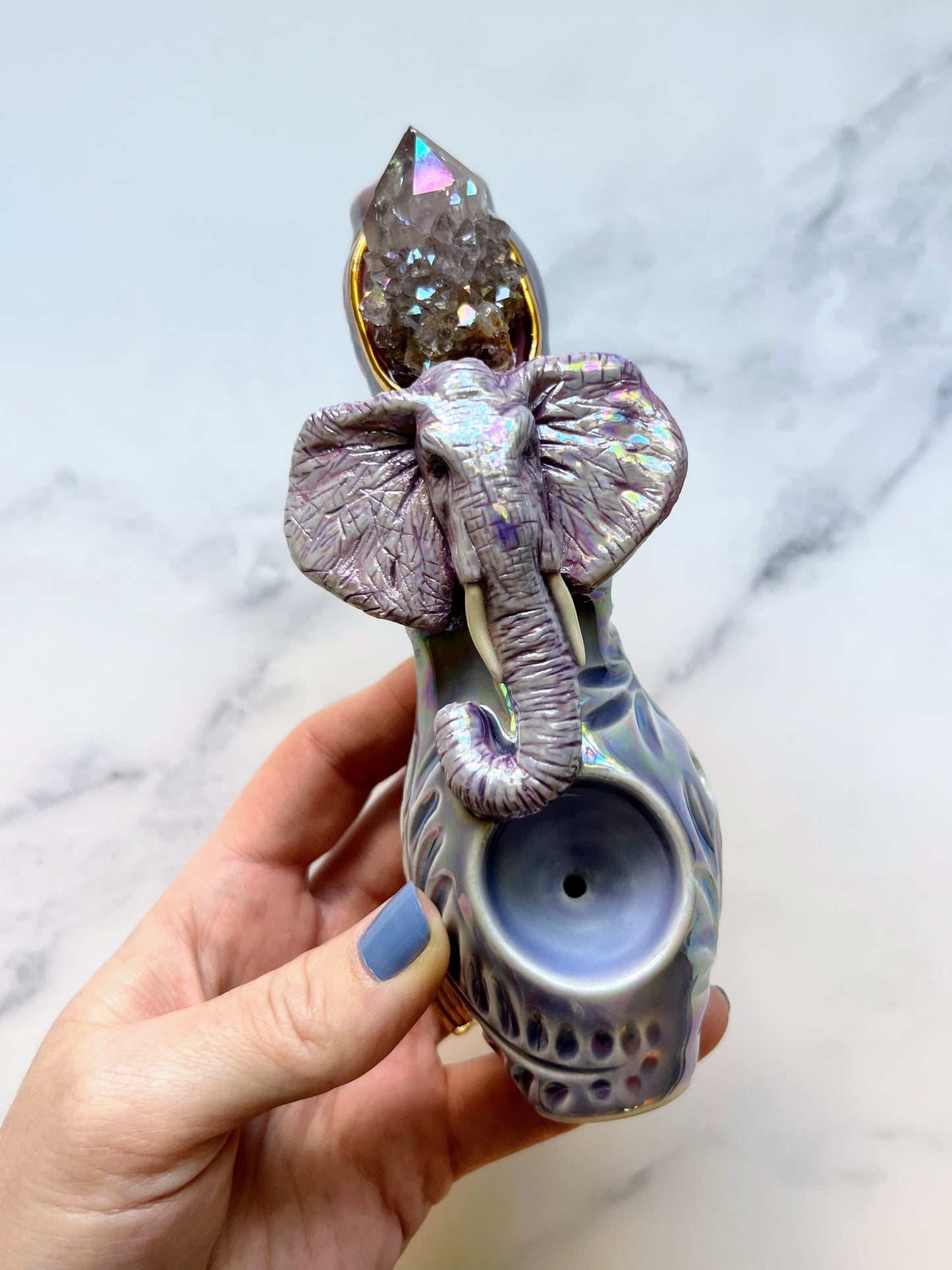 Aura Spirit Quartz Pipe with Rainbow Elephant Crystal Porcelain Ceramic Smoking Pipe