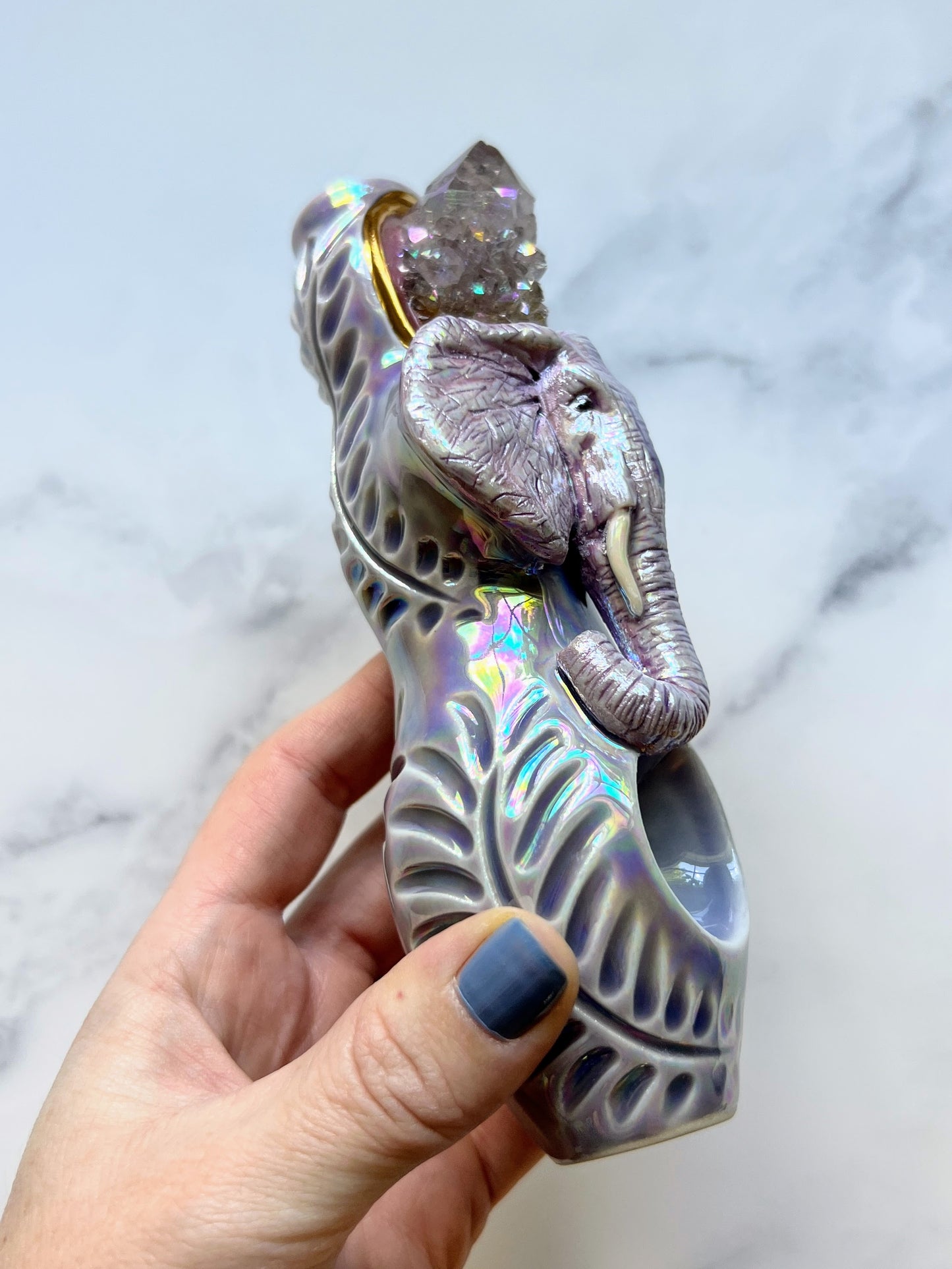 Aura Spirit Quartz Pipe with Rainbow Elephant Crystal Porcelain Ceramic Smoking Pipe