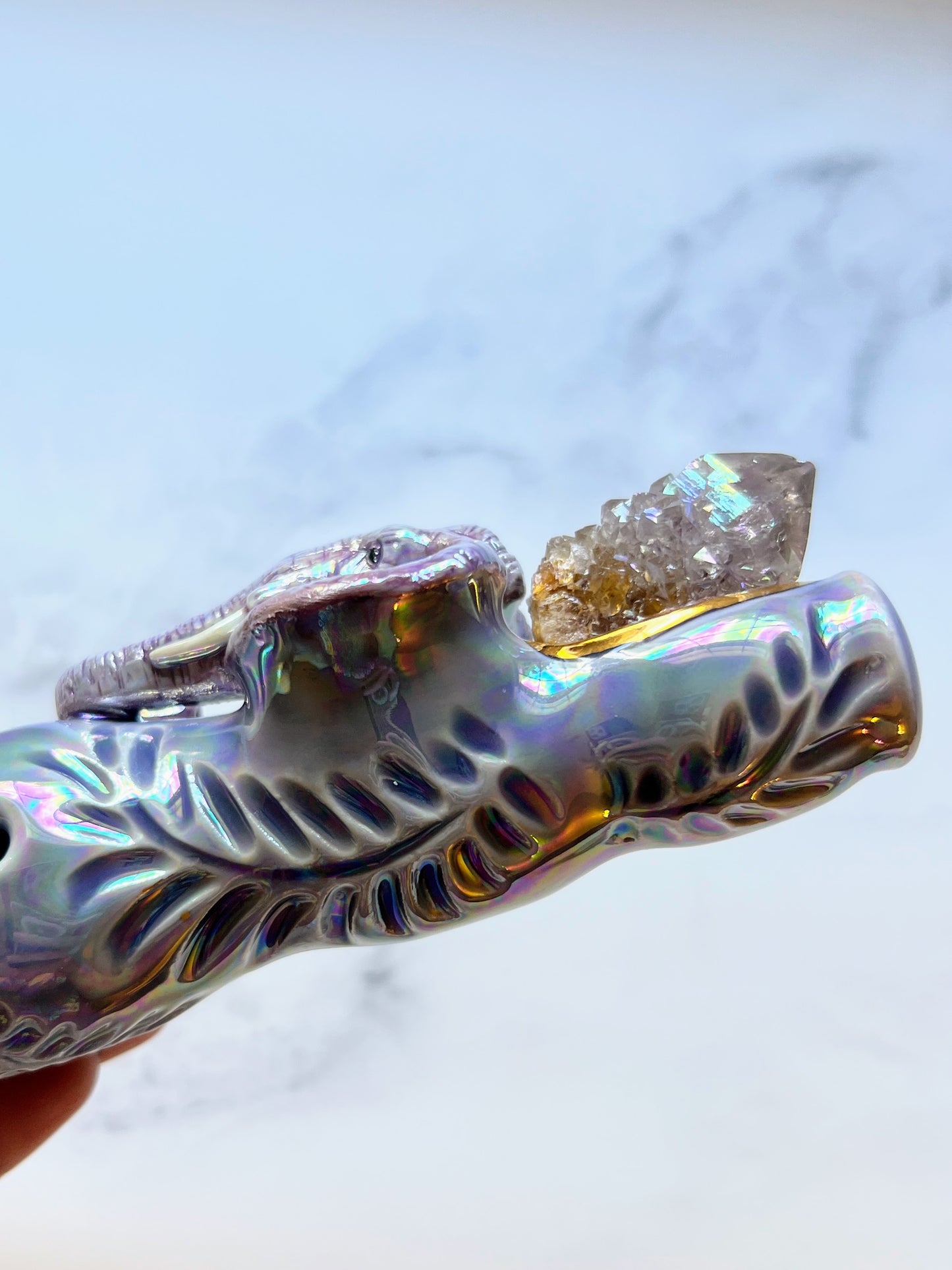 Aura Spirit Quartz Pipe with Rainbow Elephant Crystal Porcelain Ceramic Smoking Pipe