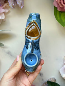 Tigers Eye Crystal Pipe with Death Head Moth Porcelain Smoking Pipe