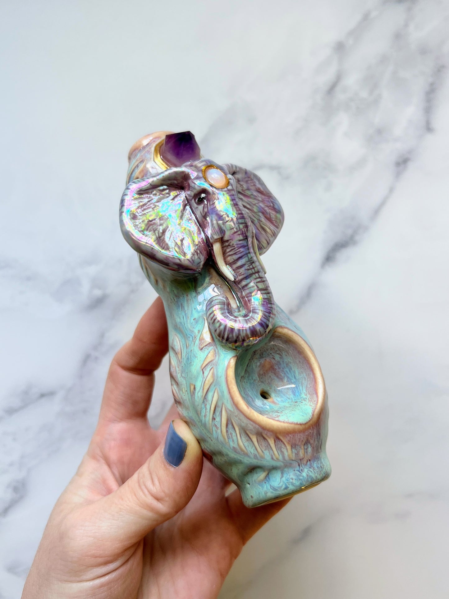 Amethyst Elephant Pipe with Opal Porcelain Smoking Pipe