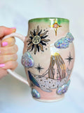 Whale Goddess Mug, Dreamy Clouds and Luna Moth with Opal Porcelain Mug, Pottery Mug, Hand made Mug