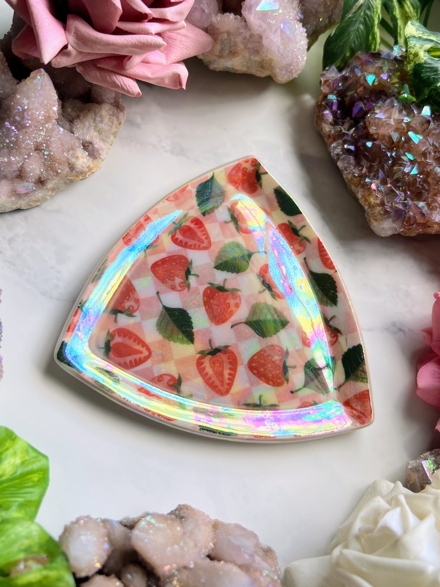 Iridescent Triangle Strawberry Plate Gold Altar Tray Pottery Jewelry Dish