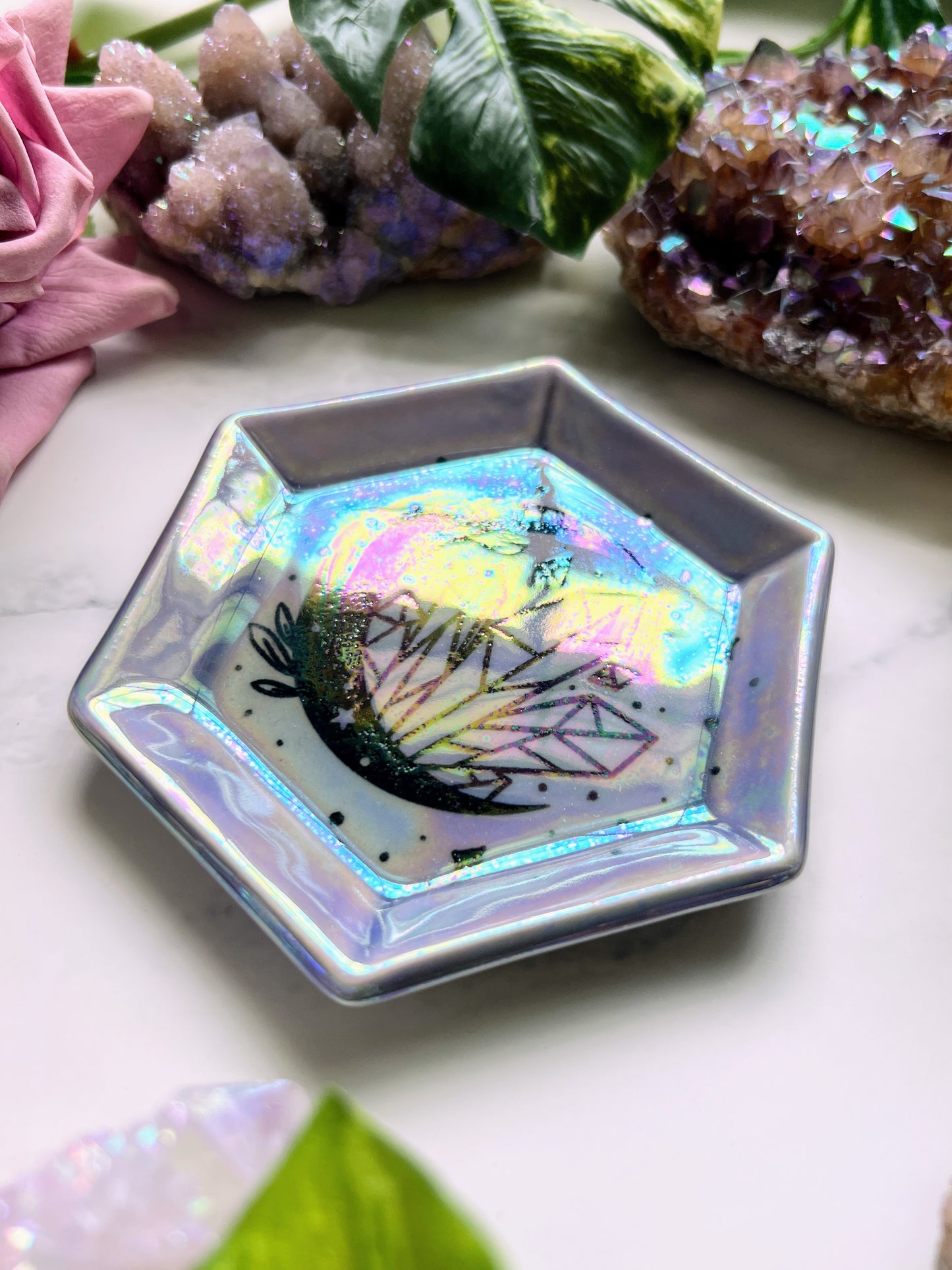 Crystal Moon Hexagon Plate Iridescent Altar Tray Pottery Purple Jewelry Dish