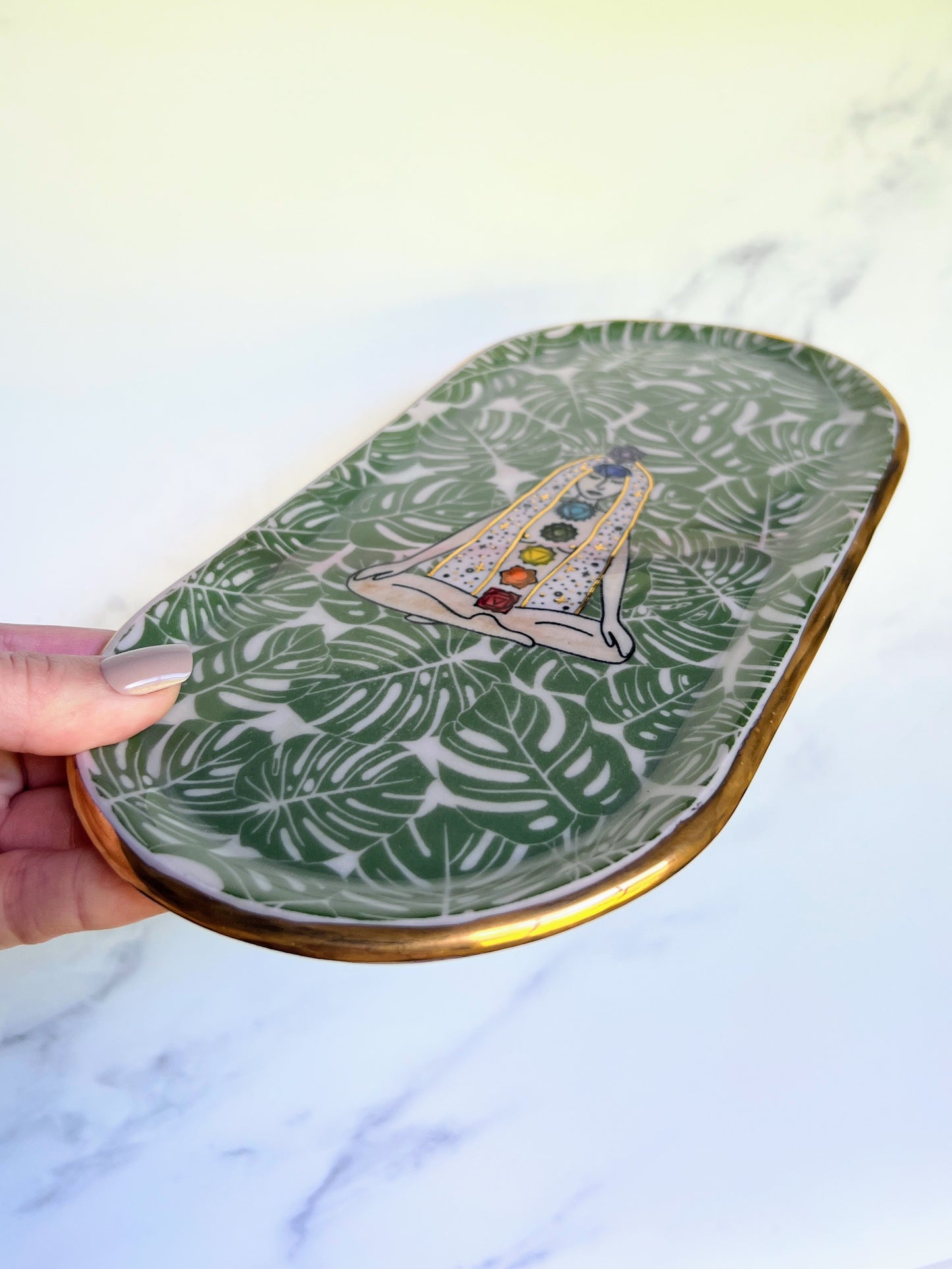 Chakra Goddess Plate Gold Altar Tray Monstera Pottery Jewelry Dish Purple