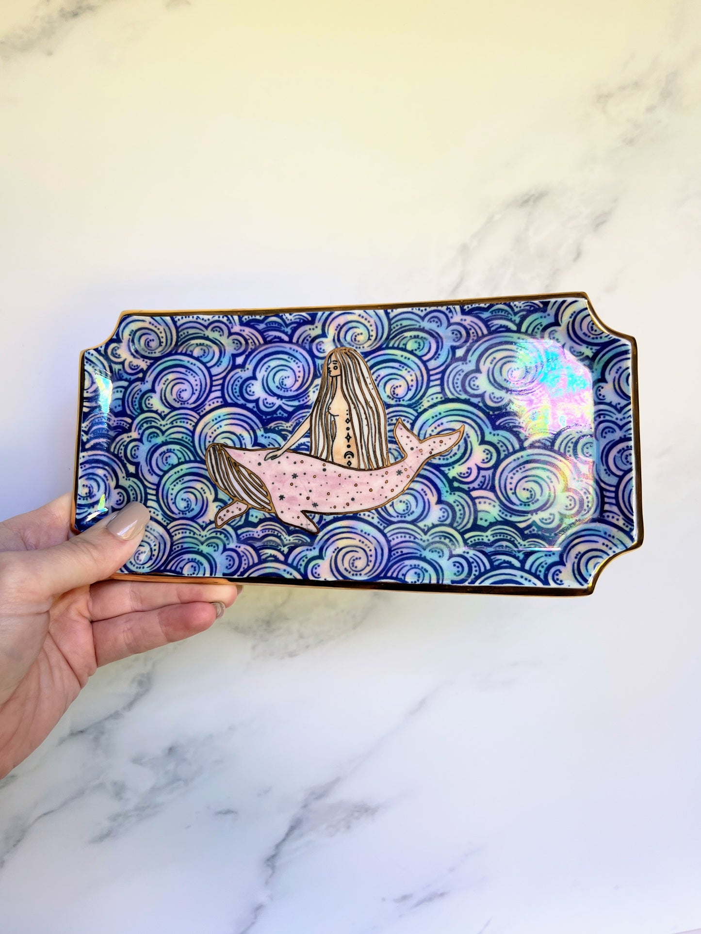 Whale Goddess Dish Plate Iridescent Altar Tray Pottery Witchy Jewelry Dish