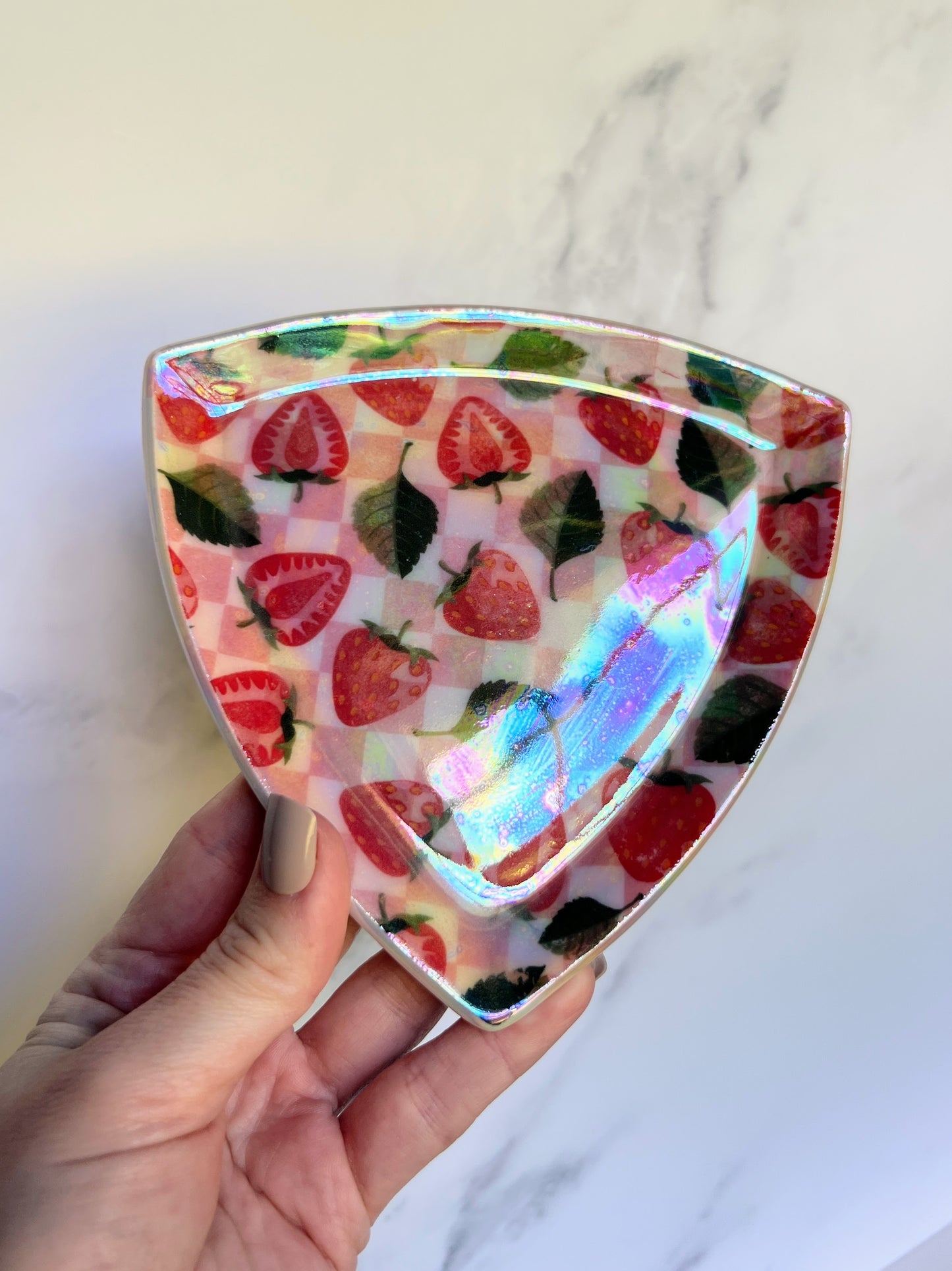 Iridescent Triangle Strawberry Plate Gold Altar Tray Pottery Jewelry Dish