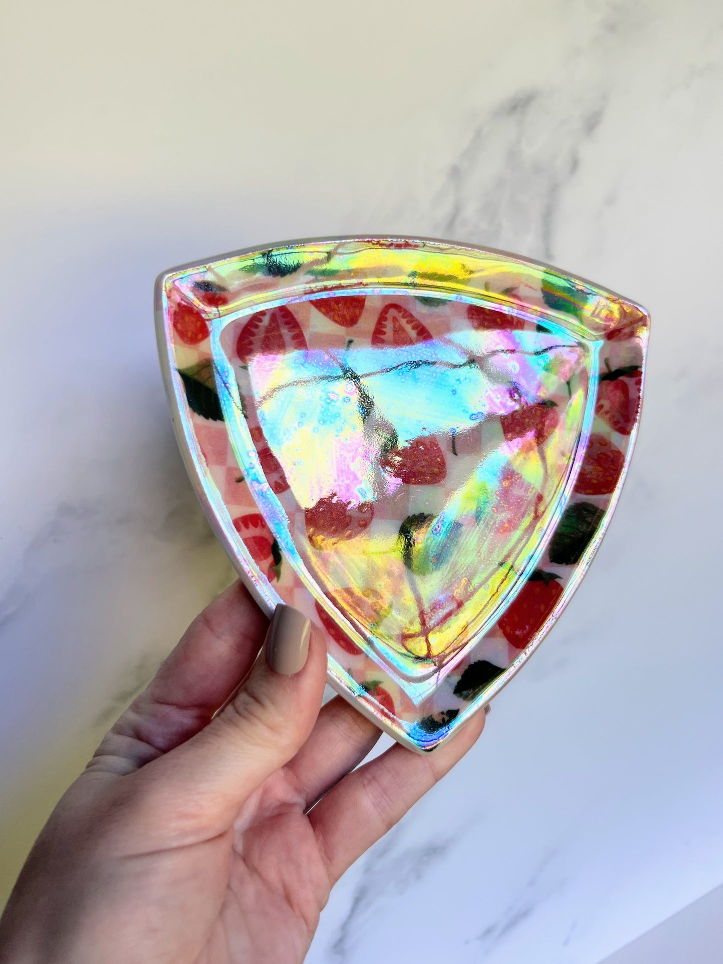 Iridescent Triangle Strawberry Plate Gold Altar Tray Pottery Jewelry Dish