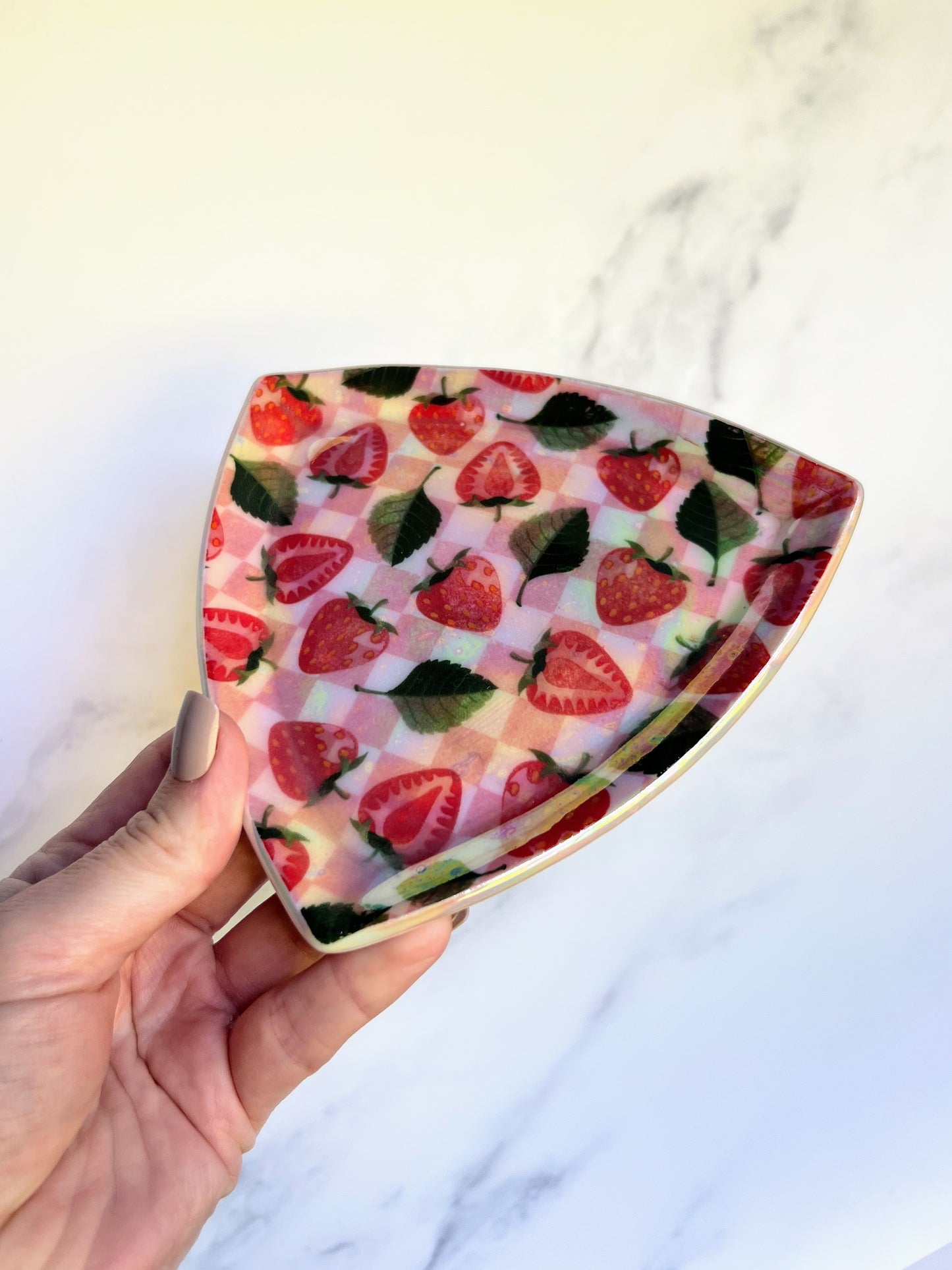 Iridescent Triangle Strawberry Plate Gold Altar Tray Pottery Jewelry Dish