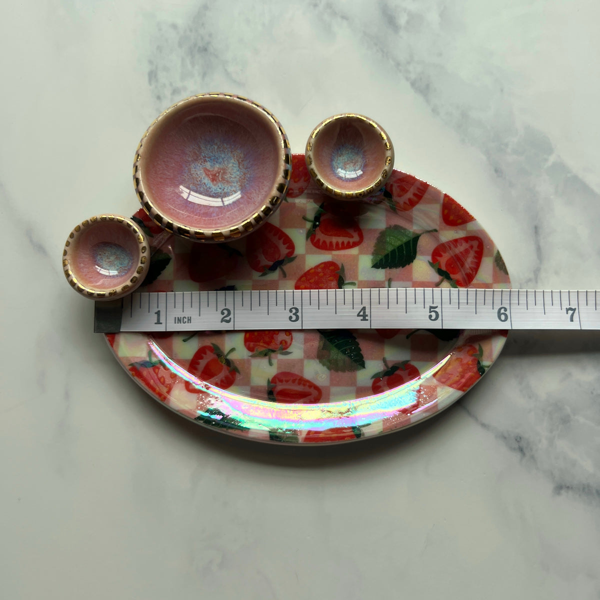 Oval Strawberry Dish, Iridescent Altar Ring Jewelry Tray 3 lil Dishes A