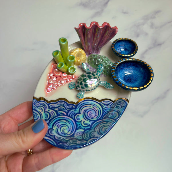 Oval Sea Turtle Coral Reef Dish with 2 Mini Bowls Iridescent Cloud Altar Ring Jewelry Tray C