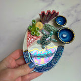 Oval Sea Turtle Coral Reef Dish with 2 Mini Bowls Iridescent Cloud Altar Ring Jewelry Tray C