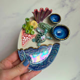 Oval Sea Turtle Coral Reef Dish with 2 Mini Bowls Iridescent Cloud Altar Ring Jewelry Tray C