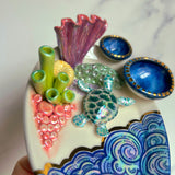 Oval Sea Turtle Coral Reef Dish with 2 Mini Bowls Iridescent Cloud Altar Ring Jewelry Tray C