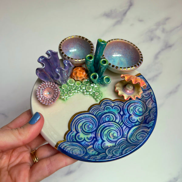 Clam Coral Reef Dish with 2 Mini Bowls Iridescent Cloud Altar Ring Jewelry Tray E