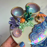 Clam Coral Reef Dish with 2 Mini Bowls Iridescent Cloud Altar Ring Jewelry Tray E