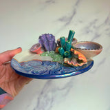 Clam Coral Reef Dish with 2 Mini Bowls Iridescent Cloud Altar Ring Jewelry Tray E