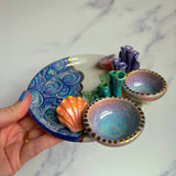 Clam Coral Reef Dish with 2 Mini Bowls Iridescent Cloud Altar Ring Jewelry Tray E