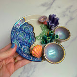 Clam Coral Reef Dish with 2 Mini Bowls Iridescent Cloud Altar Ring Jewelry Tray E