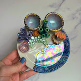 Clam Coral Reef Dish with 2 Mini Bowls Iridescent Cloud Altar Ring Jewelry Tray E