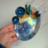 Oval Coral Reef Dish with 2 Mini Bowls Iridescent Cloud Altar Ring Jewelry Tray D
